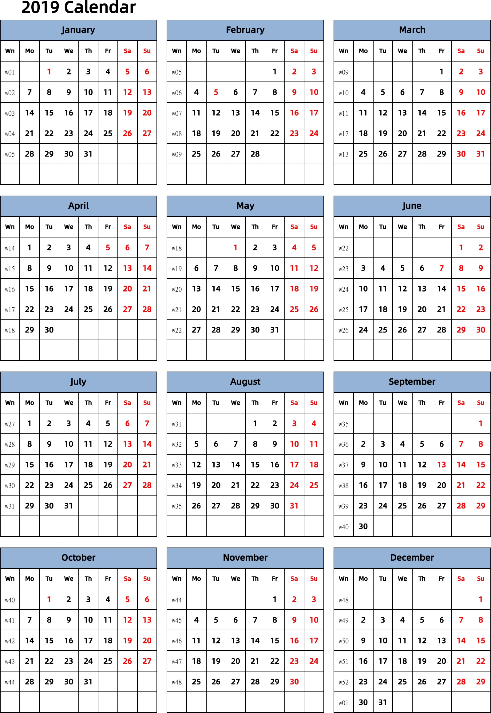 日历表2019年日历 英文版 纵向排版 周一开始 带周数 带节假日调休安排